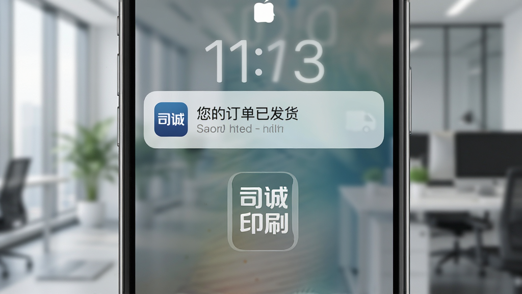 司诚印刷消息推送示意图,画面为手机锁屏界面显示一条通知“您的订单已发货”,通知下方有司诚印刷图标,背景为模糊的办公室场景,风格现代,细节包括通知卡片圆角、图标清晰,画质高清,干净无多余元素