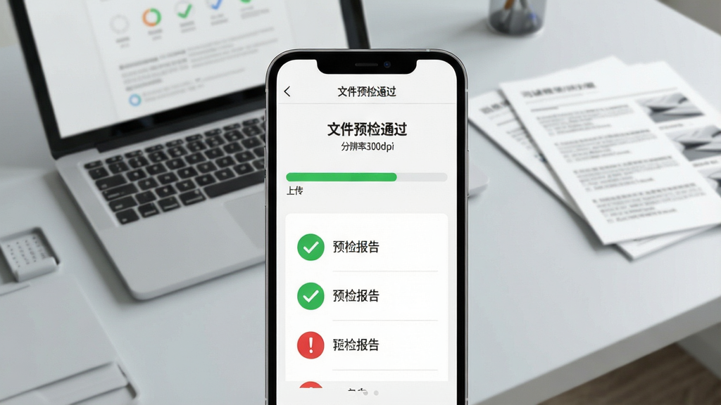 司诚印刷文件上传界面示意图,画面为手机屏幕特写,屏幕内显示文件上传进度条和预检报告,报告中有绿色对勾和红色感叹号图标,背景为浅灰色工作台,台上放着一台笔记本电脑和几份打印稿,风格简洁明快,细节包括屏幕内文字“文件预检通过”“分辨率300dpi”,画质清晰,干净无多余元素