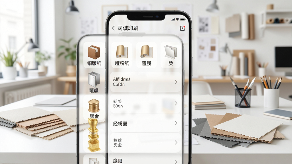 司诚印刷工艺选择界面图,画面为手机屏幕显示纸张和工艺选项列表,有铜版纸、哑粉纸、覆膜、烫金等图标,背景为明亮的创意工作室,桌上摆放着不同材质的纸张样品,风格清新,细节包括屏幕内选项排列整齐、图标精致,画质清晰,干净无多余元素