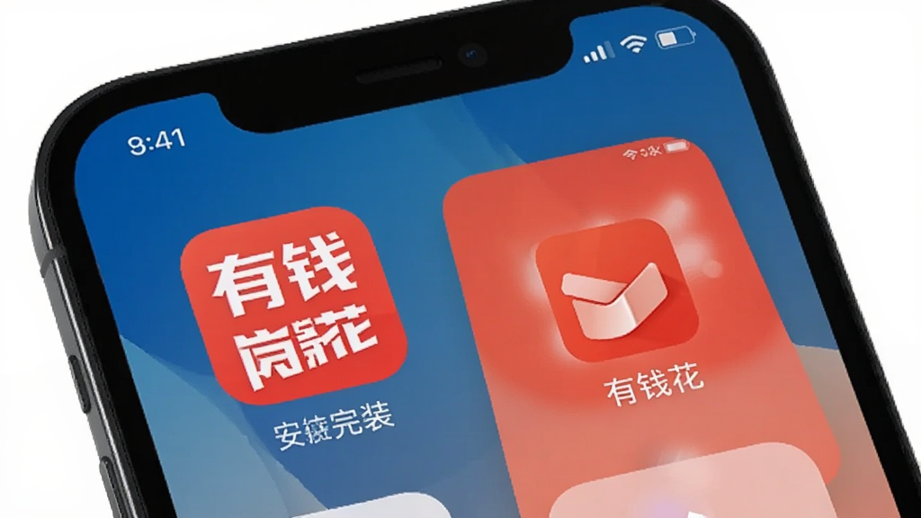 一部手机展示有钱花app安装完成后的桌面图标与打开界面的图片,画面主体为手机桌面,有钱花图标位于显眼位置,点击后显示启动画面,风格简洁明亮,细节展示图标设计与启动页排版,画质干净清晰,无多余元素