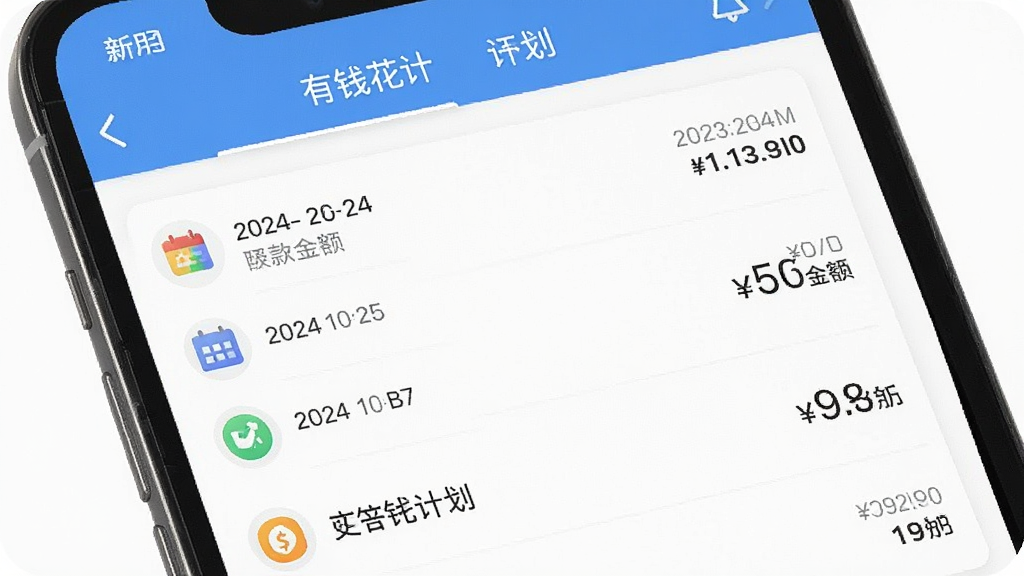 一张有钱花app还款管理页面的图片,画面展示手机屏幕内的还款计划列表,包含日期与金额信息,界面配色清爽,风格简洁实用,细节展示图标与列表排版,画质干净清晰,无多余元素