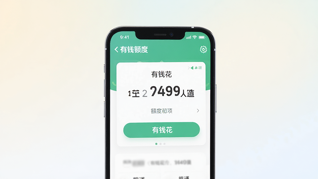 一张有钱花app额度展示页面的图片,画面主体为手机屏幕,屏幕内显示有钱花额度界面,数字清晰可见,背景为浅色渐变,风格简约现代,细节展示按钮与文字排版,画质干净清晰,无多余元素