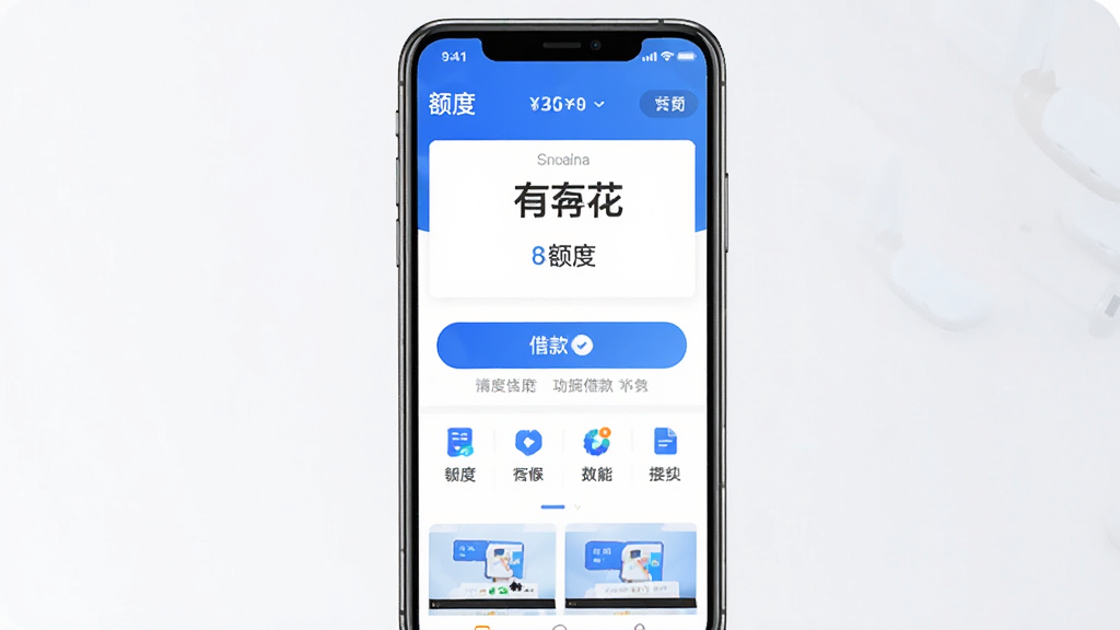 一张手机屏幕展示有钱花app主界面的图片,画面中央是一部竖屏智能手机,屏幕内显示有钱花借款首页,顶部有额度展示区域,中部有借款按钮和功能入口,界面配色以蓝白为主,风格简洁商务,细节清晰展示图标与文字排版,画质干净清晰,无多余元素