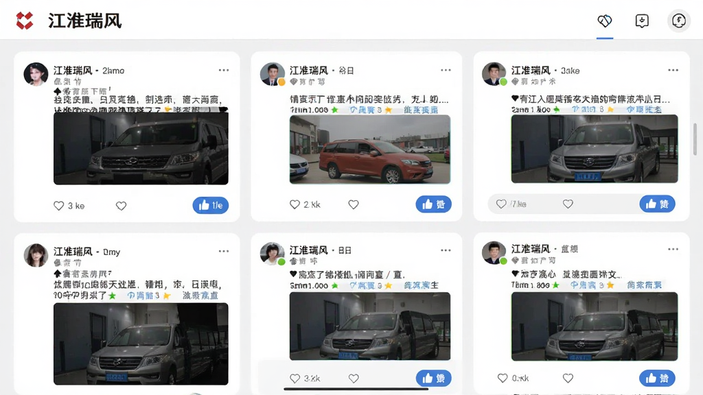 主体为江淮瑞风应用社区界面,布局为信息流卡片式排列,排版清晰,风格为社交软件截图,细节含用户头像、帖子文字与点赞按钮,画质高清、干净、无多余元素