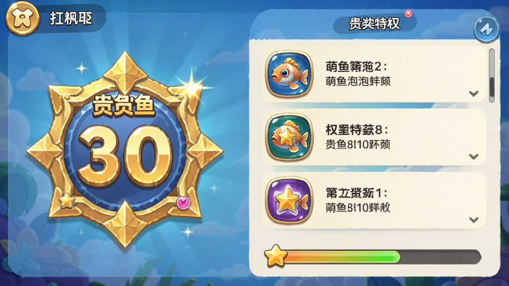 萌鱼泡泡贵族等级界面,主体为贵族等级徽章与特权列表,布局为左侧等级图标、右侧权益说明,风格为游戏内购界面,细节包含金光闪闪的等级数字、特权图标、进度条,画质精致,干净无多余元素