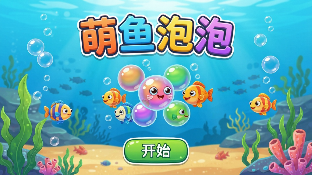 萌鱼泡泡游戏主界面截图,画面中央是色彩缤纷的泡泡与卡通小鱼,背景是清澈海底世界,主体为游戏标题“萌鱼泡泡”和开始按钮,布局采用居中对称式排版,风格为卡通休闲手游界面,细节包含气泡、水草、彩色小鱼等元素,画质清晰明亮,干净无多余元素