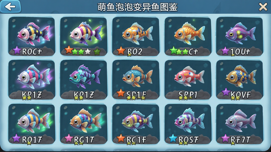 萌鱼泡泡变异鱼图鉴界面,主体为多种颜色各异的变异小鱼排列展示,布局为网格状图鉴排版,风格为游戏收集图鉴界面,细节包含每只鱼的名称标签、稀有度星级、彩色光效,画质清晰,干净无多余元素