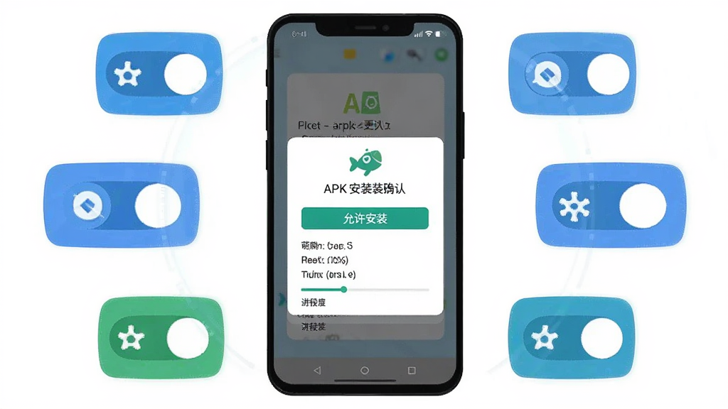 萌鱼泡泡安卓手机安装界面示意图,主体为手机屏幕显示APK安装确认弹窗,布局为手机居中、周围环绕权限开关图标,风格为扁平化科技插画,细节包含“允许安装”按钮、权限列表、进度条,画质清晰,干净无多余元素