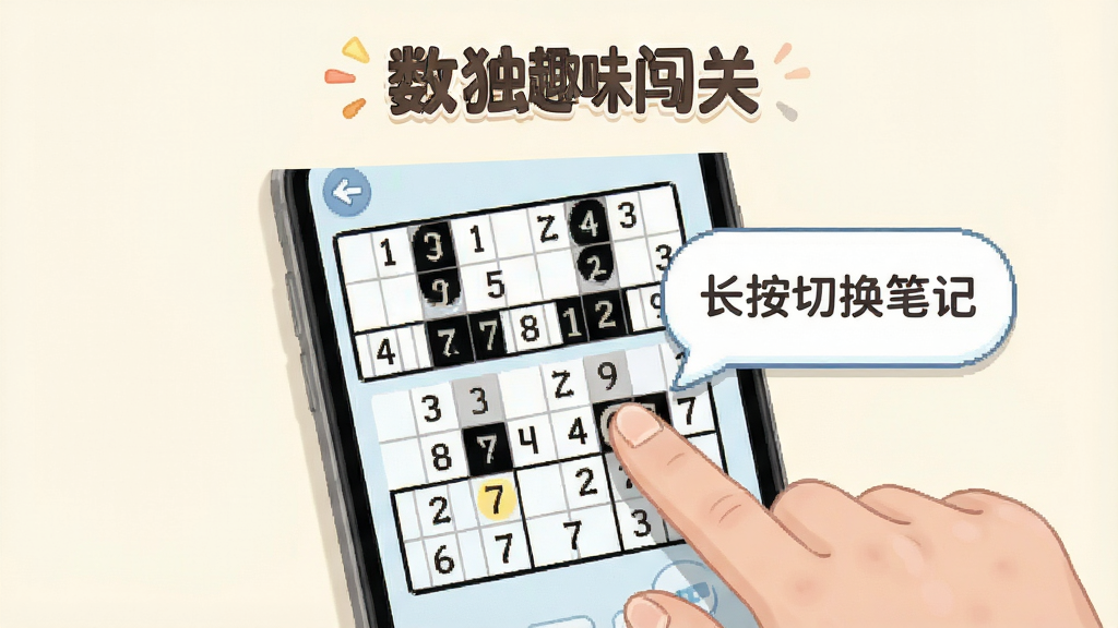 数独趣味闯关新手引导界面,画面中一只手正点击手机屏幕上的数独格子,格子旁边弹出“长按切换笔记”的提示气泡,背景是简洁的浅色界面,包含“数独趣味闯关”文字标识,整体风格友好,画质清晰干净
