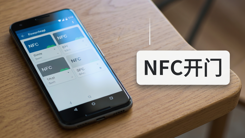 NFC开门功能展示图,主体是一部安卓手机放在桌面上,屏幕显示APP的卡片管理列表,布局为左侧手机特写,右侧悬浮展示“NFC开门”文字标识,风格为扁平化设计,细节包括手机屏幕反射出淡淡的蓝光,画质高清,干净,无多余元素。