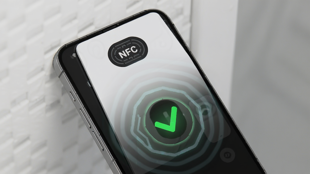 NFC开门软件界面展示,主体是一部智能手机背面贴近一张白色门禁卡,手机屏幕显示读取成功的绿色对勾图标,布局为居中构图,排版简洁,风格为现代科技感,细节包括手机背面的NFC感应波纹特效,画质清晰,干净,无多余元素。