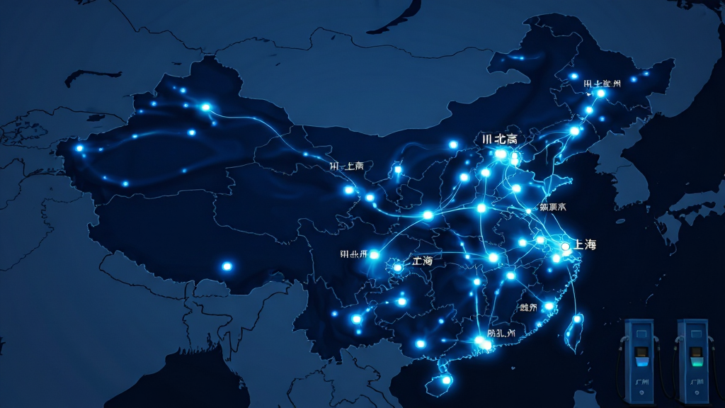 中国地图上分布大量蓝色光点代表换电柜城市,光点密集区域有北京、上海、广州等;布局为地图居中,光点闪烁;风格为科技数据可视化,色调深蓝与亮蓝;细节包括城市名称标签、连接线;画质高清,干净无多余元素