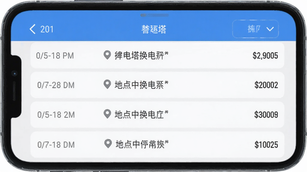 手机屏幕显示铁塔换电换电记录页面,列表展示多条换电时间、地点和电池编号;背景为浅灰色;布局为垂直列表,顶部有筛选按钮;风格为简约商务风,色调白蓝灰;细节包括时间戳、地点名称、费用金额;画质清晰,干净无多余元素