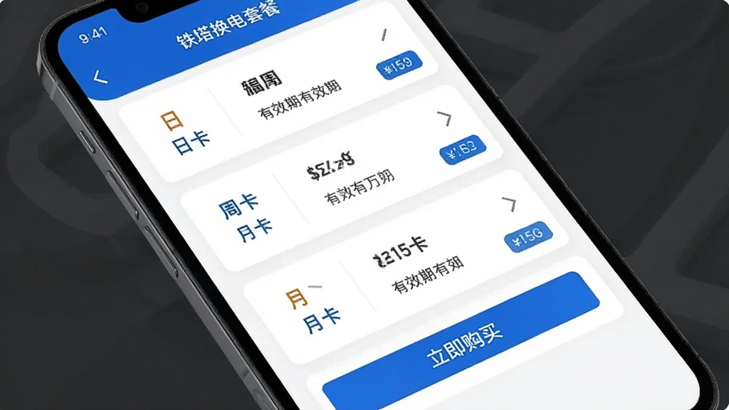 手机屏幕展示铁塔换电套餐购买页面,有日卡、周卡、月卡等选项,每个套餐配有价格和有效期;布局为上下滚动式列表;风格为简约商务风,色调白蓝;细节包括选中状态、价格标签、立即购买按钮;画质清晰,干净无多余元素