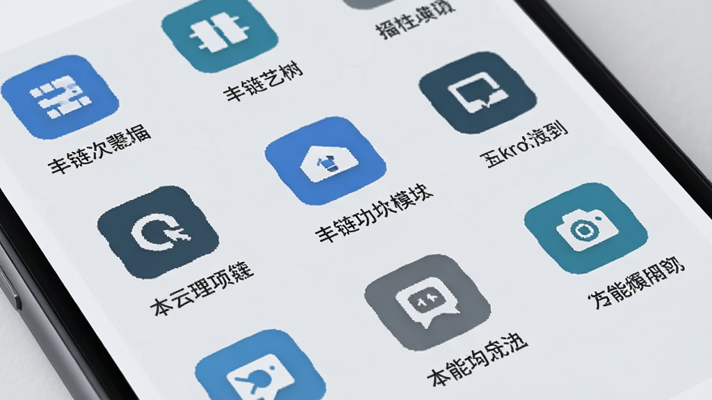 一张展示丰链艺树功能模块布局的示意图,画面为手机屏幕特写,屏幕内以网格形式排列多个功能图标,图标下方标注简洁文字,背景为浅灰色,整体风格简约商务,画面干净整洁,高清画质