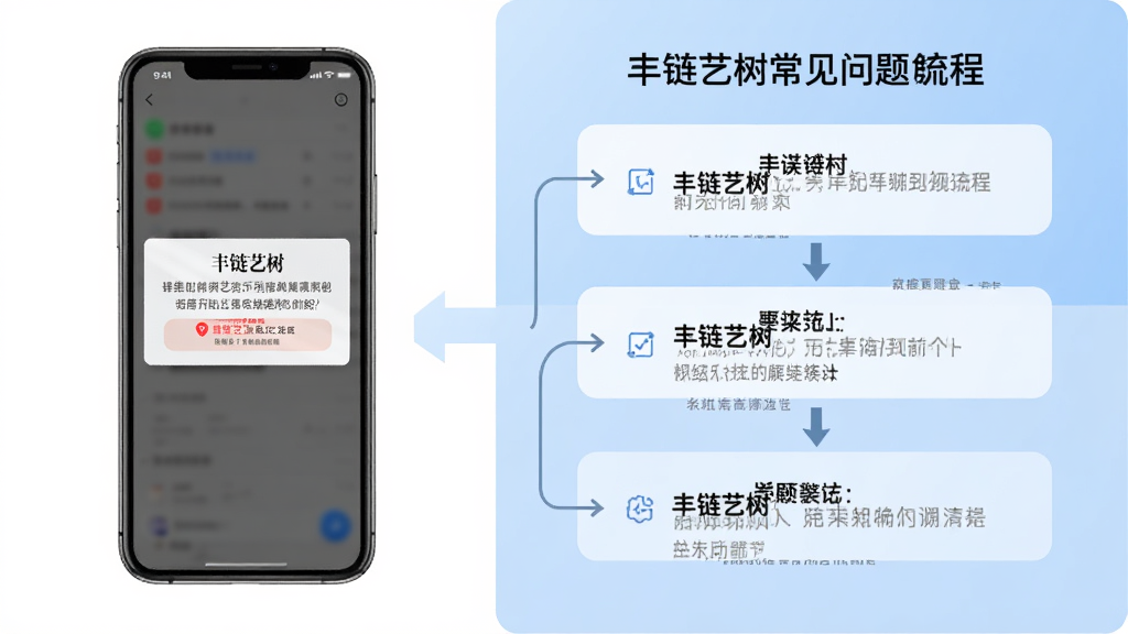 一张展示丰链艺树常见问题解决流程的示意图,画面左侧为手机屏幕显示错误提示,右侧为操作步骤列表,背景为白色与浅蓝色块拼接,风格简约商务,画面干净,高清画质