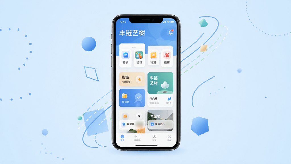 一张展示丰链艺树移动端应用界面的概念图,画面中央为一部竖屏智能手机,屏幕内呈现丰链艺树主界面,包含功能图标与卡片式布局,背景为浅蓝渐变,手机周围环绕简洁的几何图形与线条装饰,整体风格清爽现代,画面干净,无多余文字,高清画质