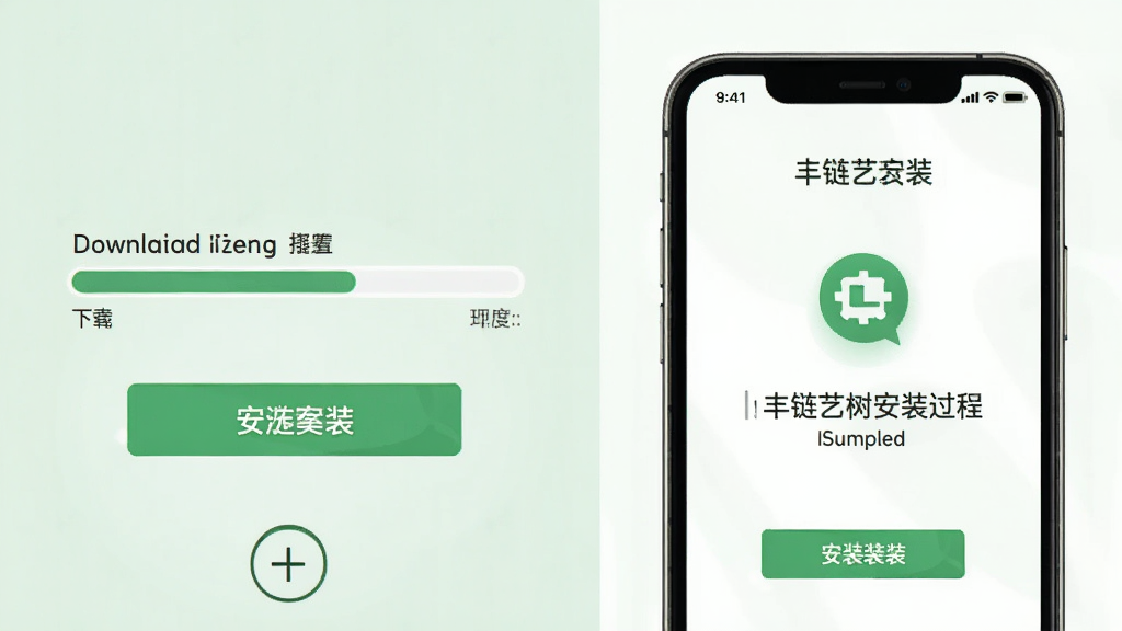 一张表现丰链艺树安装过程的概念图,画面左侧为下载进度条与安装按钮,右侧为手机屏幕显示安装完成界面,背景采用淡绿色与白色搭配,风格扁平化,细节清晰,干净无杂物,高清画质