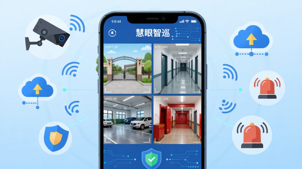 画面中央是一部智能手机,屏幕上显示着“慧眼智巡”的监控画面矩阵,四个分屏分别呈现园区大门、楼道走廊、停车场和消防通道的实时画面。手机周围环绕着摄像头图标、云存储图标和报警铃铛图标,背景是浅蓝色科技感渐变。整体布局采用居中对称构图,风格为扁平化科技插画,细节包括信号波纹、数据线条和盾牌安全标识,画质高清,画面干净,无多余元素。