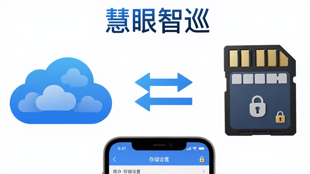 画面左侧是一朵云形图标,右侧是一张存储卡图标,中间由双向箭头连接。上方有“慧眼智巡”文字标识,下方是手机屏幕显示存储设置页面。布局采用左右对称构图,风格为简洁信息图,细节包括云朵纹理、存储卡金属触点和小锁安全图标,画质高清,画面干净,无多余元素。