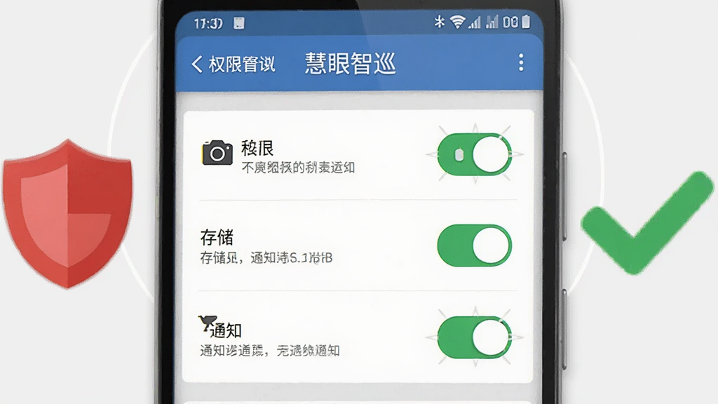 一部安卓手机屏幕显示“慧眼智巡”的权限设置页面,页面中有相机、存储、通知三个权限开关,全部处于开启状态。手机旁边有一个红色盾牌图标和一个绿色对勾图标,背景为浅灰色。布局采用手机特写与图标环绕,风格为扁平化教程插画,细节包括权限文字说明和开关按钮高光,画质高清,画面干净,无多余元素。