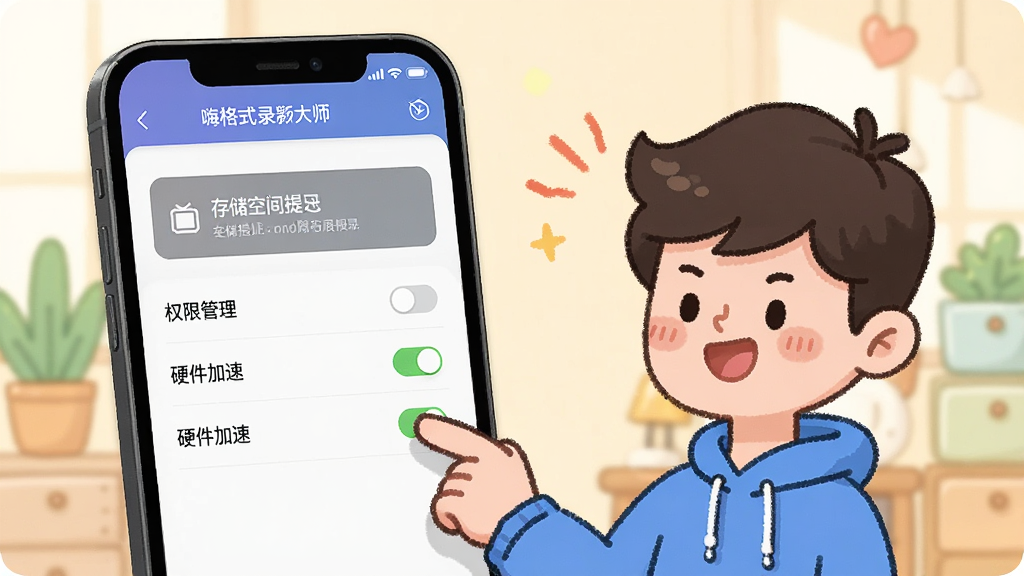 手机屏幕显示嗨格式录屏大师的设置页面,页面上有存储空间提示、权限管理、硬件加速开关等选项,旁边有一个卡通人物正在操作手机,整体采用轻松活泼的插画风格,色彩明亮,画面干净,高清画质