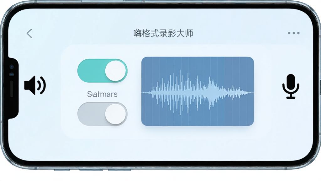手机屏幕显示嗨格式录屏大师的声音设置界面,有系统声音和麦克风两个开关按钮,旁边有波形图显示声音频率,手机两侧分别有喇叭图标和麦克风图标,整体采用清新浅色风格,画面简洁明了,高清画质,无多余元素
