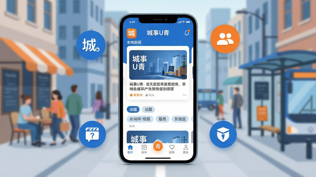 一张展示城市生活资讯手机应用界面的图片,画面中央是一部智能手机,屏幕显示“城事U青”应用的主页,包含本地新闻卡片、话题标签和底部导航栏。背景是虚化的城市街景,有行人、咖啡馆和公交站。布局采用居中构图,手机略微倾斜,周围漂浮着几个代表资讯、社交和服务的圆形图标。风格为现代扁平化设计,色彩以蓝色和白色为主,点缀橙色高亮。细节包括应用图标上的“城事U青”字样、清晰的文字排版和干净的界面元素。画质高清,干净整洁,无多余元素。