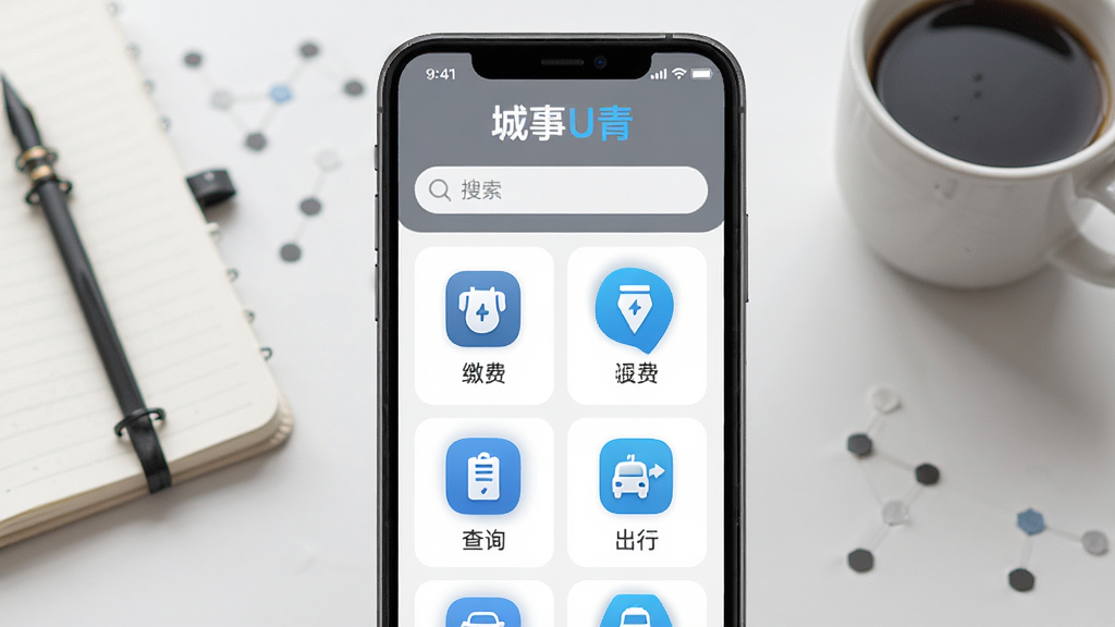 手机应用界面展示“城事U青”的便民服务页面,图标网格布局,包含缴费、查询、出行等图标。背景是简洁的桌面,有笔记本和咖啡杯。风格商务简约,主色调为灰色和蓝色。细节包括清晰的图标标签和搜索框。画质高清,干净,无多余元素。