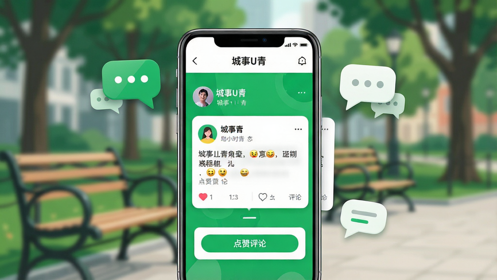 一张展示社交互动界面的图片,画面中手机屏幕显示“城事U青”的圈子页面,有用户头像、动态文字和点赞评论按钮。背景是城市公园的虚化场景,有长椅和树木。布局为手机居中,周围有漂浮的对话气泡图标。风格活泼现代,色彩以绿色和白色为主。细节包括动态卡片、表情符号和清晰的按钮。画质高清,干净,无多余元素。