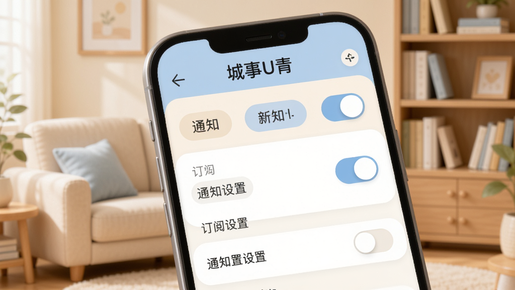 手机屏幕显示“城事U青”的订阅管理界面,有多个标签开关和通知设置选项。背景是温馨的居家环境,有沙发和书架。风格柔和圆角,色彩以米色和淡蓝色为主。细节包括开关按钮、标签文字和顶部标题栏。画质高清,干净,无多余元素。