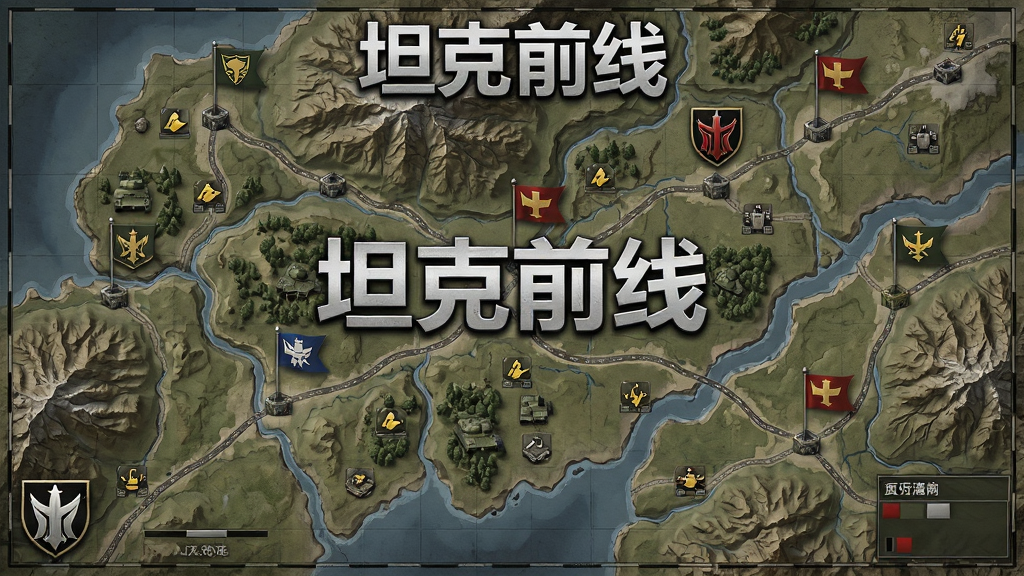 坦克前线军团领土战地图,画面展示一张巨大的战略地图,上面有多个资源点和军团旗帜,布局采用全屏地图视角,排版有层次,风格写实军事,细节包括地形高低差、道路、河流、据点图标、军团徽章,画面中打上文字“坦克前线”,画质高清,干净,无多余元素