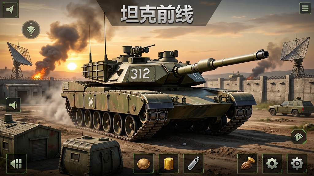 坦克前线游戏主界面全景展示,画面中央是一辆威风凛凛的现代主战坦克,炮管指向远方,背景是硝烟弥漫的战场和夕阳余晖,前景有基地建筑和资源图标,布局采用游戏UI风格,排版清晰,风格写实军事,细节包括坦克履带纹理、炮塔编号、基地围墙、雷达天线,画面中打上文字“坦克前线”,画质高清,干净,无多余元素