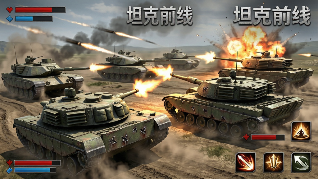 坦克前线实时对战画面,画面中央是多辆坦克在开阔战场上交火,有炮弹飞行轨迹和爆炸火光,布局采用斜45度视角,排版动态,风格写实军事,细节包括坦克炮口焰、履带扬尘、装甲弹痕、血条和技能图标,画面中打上文字“坦克前线”,画质高清,干净,无多余元素