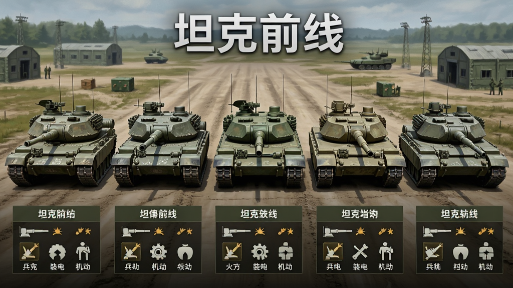 坦克前线兵种搭配示意图,画面展示五种坦克并排排列,每种坦克下方有属性图标和文字标签,布局采用横向排列,排版整齐,风格写实军事,细节包括坦克型号标识、火力装甲机动图标、背景是训练场,画面中打上文字“坦克前线”,画质高清,干净,无多余元素