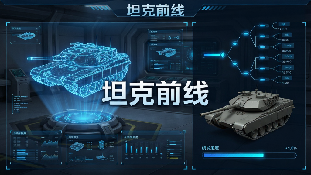 坦克前线科技研发界面,画面展示一个高科技实验室内部,有全息投影的坦克蓝图和科技树分支,布局采用左右分栏,排版清晰,风格科幻军事,细节包括蓝色光效、数据面板、坦克3D模型、研发进度条,画面中打上文字“坦克前线”,画质高清,干净,无多余元素