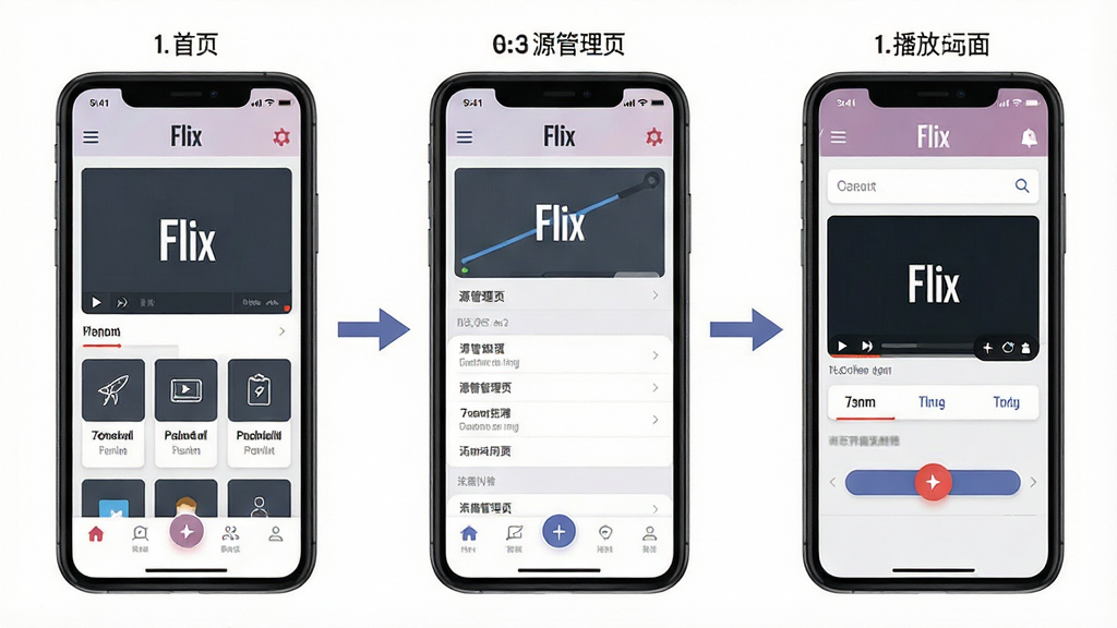 一张Flix软件操作流程示意图,主体为三个手机界面并排展示,布局从左到右依次为首页、源管理页、播放界面,排版横向排列,风格为扁平化UI展示,细节包括每个界面的功能标注文字、