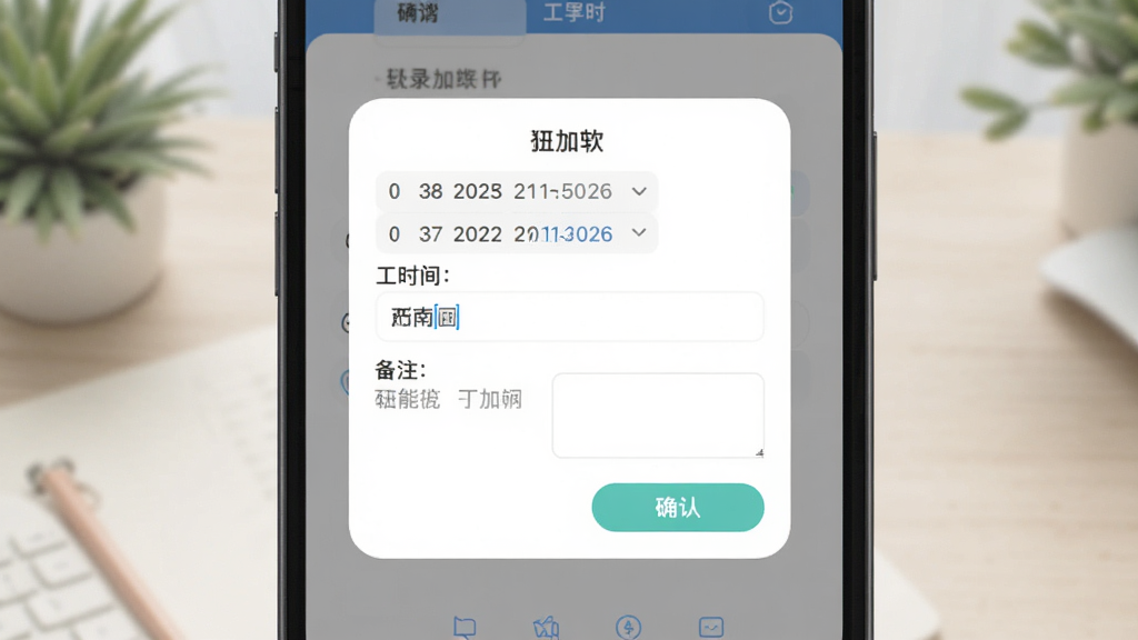 手机屏幕显示记加班软件补录工时弹窗界面,画面中有日期选择器、工时输入框和备注文本框,布局为居中弹窗形式,风格柔和友好,细节包括输入框的提示文字和确认取消按钮,画质清晰干净,无多余元素