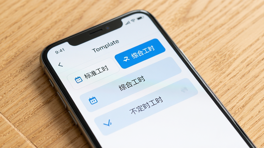 一部智能手机放置在木质桌面上,屏幕显示记加班软件中多种工时模板选择界面,画面中有标准工时、综合工时、不定时工时三个选项卡清晰可见,布局为手机居中特写,风格清新明亮,细节包括选项卡的图标和选中状态的高亮效果,画质清晰干净,无多余元素