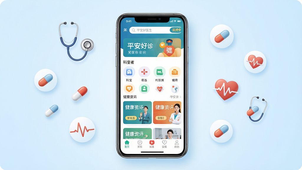 平安好医生手机应用主界面全景展示,画面中央是一部现代智能手机,屏幕内呈现平安好医生APP的首页布局,顶部有搜索栏和问诊入口,中部展示科室分类图标与健康资讯卡片,底部为导航菜单栏。背景为干净的浅蓝色渐变,周围漂浮着听诊器、药丸、心率线等医疗元素图标,整体风格清新专业,细节丰富,画质清晰,无多余杂乱元素。