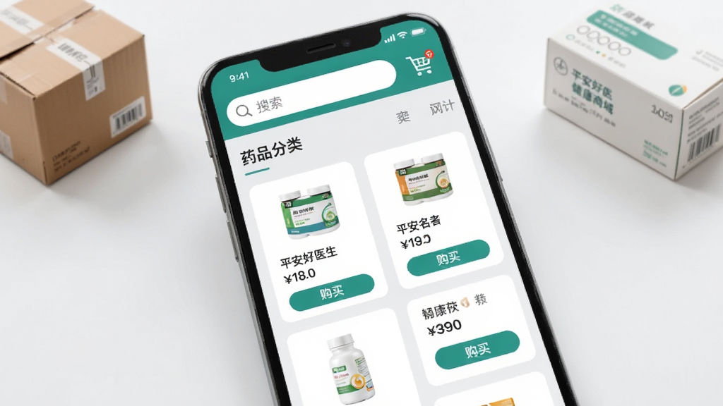 平安好医生健康商城页面展示,手机屏幕中呈现药品分类列表和商品卡片,卡片上显示药品名称、价格和购买按钮,页面顶部有搜索框和购物车图标,背景为浅灰色与白色相间,风格简约清爽,画面中可点缀快递箱和药盒元素,整体画质清晰干净。
