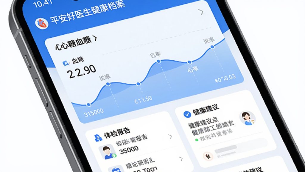 平安好医生健康档案管理界面,手机屏幕展示个人健康数据面板,包含血压、血糖、心率等指标的趋势图表,下方有体检报告列表和健康建议卡片,界面配色以蓝色和白色为主,风格科技感与医疗感兼具,画面简洁明了,无多余装饰元素。