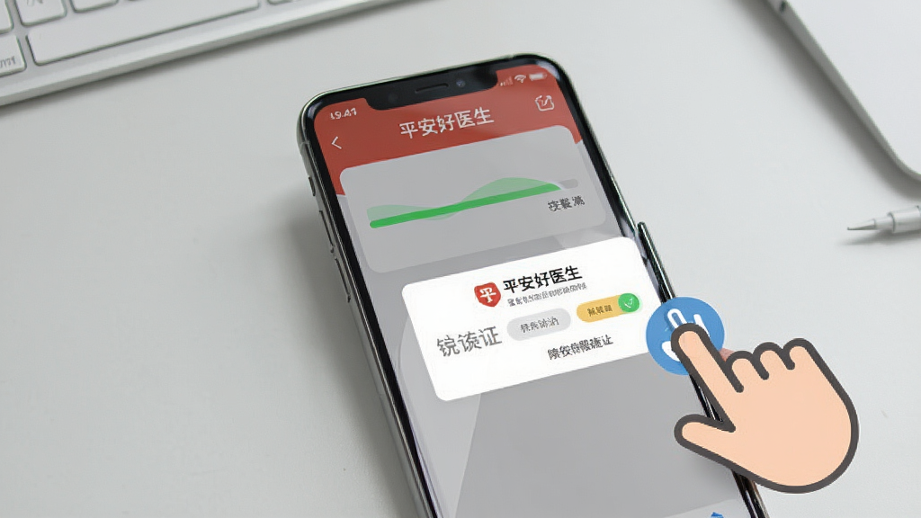 平安好医生移动端使用操作示意图,画面展示一部手机正在安装平安好医生APP的过程,屏幕上有安装进度条和权限确认弹窗,旁边配有手指点击屏幕的图标,背景为浅灰色工作台面,画面风格简洁实用,细节清晰,无多余杂乱元素。
