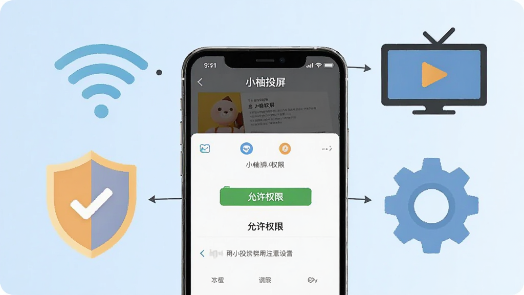 一张展示小柚投屏使用注意事项的AI生图,主体是一部手机屏幕显示权限设置界面,旁边有盾牌和齿轮图标,背景是WiFi信号和电视图标。布局为居中构图,排版清晰,风格为扁平化信息图风格,细节包括“小柚投屏”Logo和“允许权限”文字提示,画质干净,无多余元素。