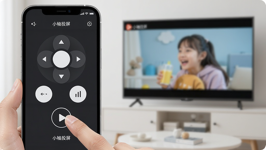 一张展示小柚投屏简易操控与遥控功能的AI生图,主体是一部手机屏幕显示遥控器界面,手指正在点击播放按钮,背景是一台正在播放视频的电视。布局为前景手机、背景电视,排版突出操控感,风格为简洁UI风格,细节包括手机屏幕上的方向键、音量键和“小柚投屏”标识,画质清晰,干净,无多余元素。