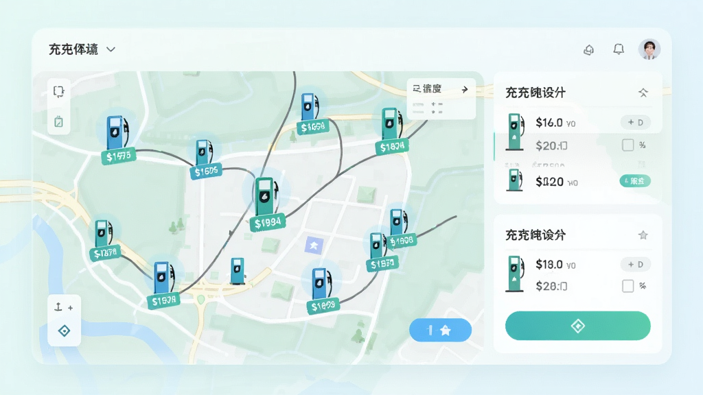 �����ǳ��׮��ѯ���棬����Ϊ��ͼ�ϱ�ע������վͼ�꣬�Ű��Ե�ͼΪ����Ϣ��ƬΪ�������Ϊ����ǳɫ�Ƽ��磬ϸ�ڰ������׮ͼ�ꡢ�۸��ǩ��������ť�����ʸ���ɾ��޶���Ԫ��