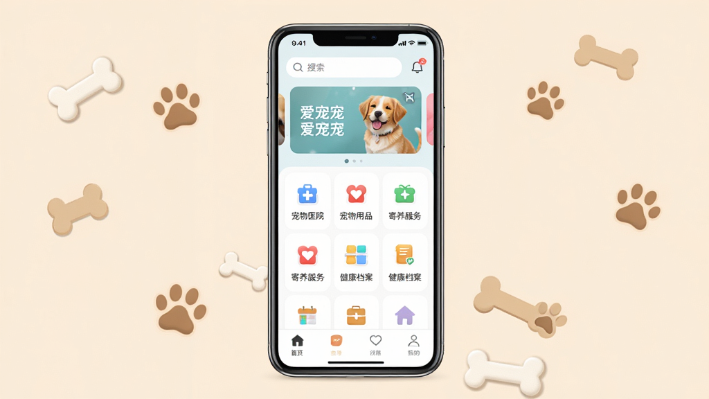 爱宠宠软件主界面手机展示图,画面中央一部智能手机竖屏展示爱宠宠APP首页,首页顶部有搜索栏和轮播图,中部为功能图标网格包括宠物医院、宠物用品、寄养服务、健康档案等,底部为导航栏。背景为温馨的浅米色,周围点缀可爱的猫爪和狗骨头小图标。风格清新简约,细节清晰,画质干净,无多余元素。