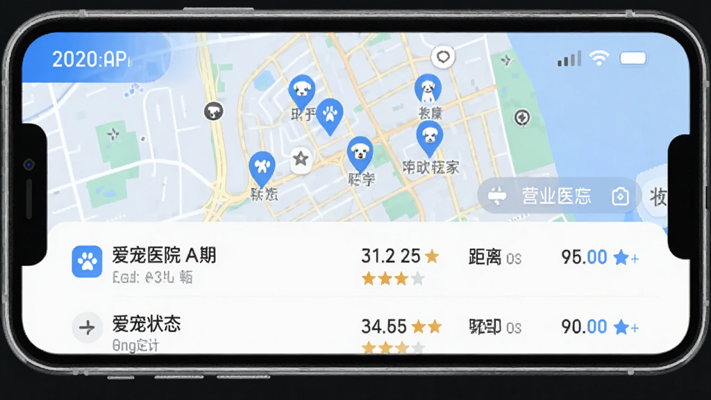 爱宠宠APP周边宠物医院推荐列表界面截图,手机屏幕显示地图与列表结合的页面,地图上有多个宠物医院标记点,下方列表展示医院名称、距离、评分和营业状态。画面风格现代简洁,配色以蓝白为主,干净清爽,画质清晰,无多余元素。