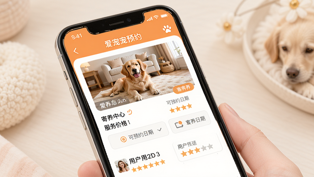 爱宠宠APP宠物寄养预约界面,手机屏幕展示寄养服务详情页,包含寄养中心照片、服务价格、可预约日期选择、用户评价等信息。画面风格温馨柔和,配色以暖橙色和白色为主,干净整洁,画质清晰,无多余元素。