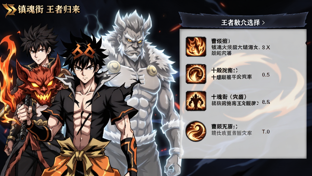 画面主体为镇魂街王者归来角色选择界面,布局采用左右分栏式,排版上左侧为角色立绘右侧为技能说明,风格为日系热血动漫,细节上展示曹焱兵手持十殿阎罗、身后许褚虚影浮现,画质高清,光影对比强烈,干净,无多余元素